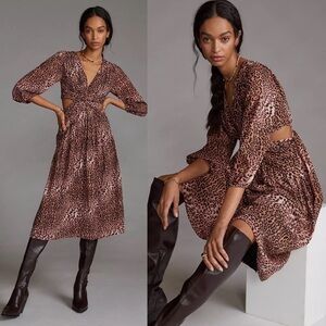 ANTHROPOLOGIE Ranna Gill Floral Cut-Out MIDI Dress in Cheetah Print size XS